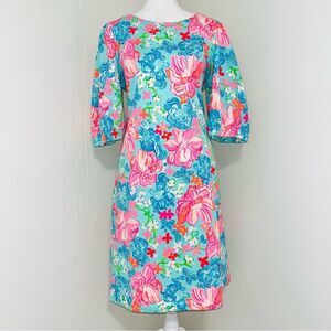 Lilly Pulitzer Cayce Short Sleeve Dress Surf Blue Lucious Lions EUC Lt Blue M